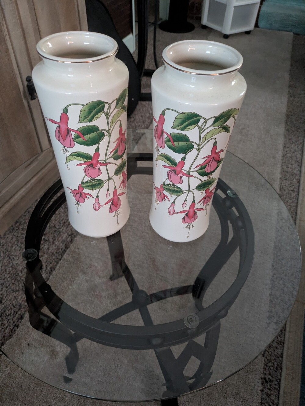 White Porcelain Vase with Pink Floral Design and Silver Trim